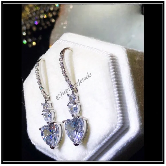 NEW WHITE GOLD DOUBLE HEART SIMULATED DIAMOND DROP EARRINGS - Picture 4 of 7